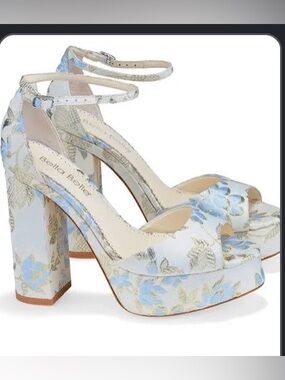 La Belle Light Blue & Gold Floral Platform Heels with Ankle Strap